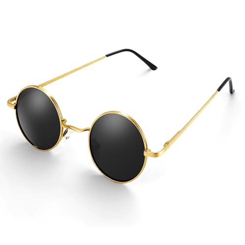 Morcheiong Polarized Hippie Sunglasses Retro Round Glasses for Women Men Vintage Circle Sunglasses UV400 - color: Gold Frame Black Film