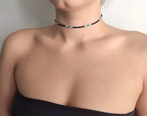 Beaded Choker Necklace for women and Teen Girls, Boho Bohemian Adjustable Colorful Seed Beads Necklace, Handmade Native American Style Jewelry by TRIBES - color: Black multicolor, style: Single Necklace