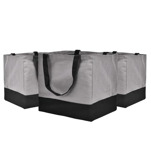 3 Pack Canvas Reusable Grocery Bags Heavy Duty, 8.3 gal Foldable Large Tote Bag with Handles, Holds 60 lbs Canvas Shopping Bags & Washable Eco-friendly Bags with 5 Pockets, Grey+Black - color: [A0] Grey / Black, size: 3 Pack