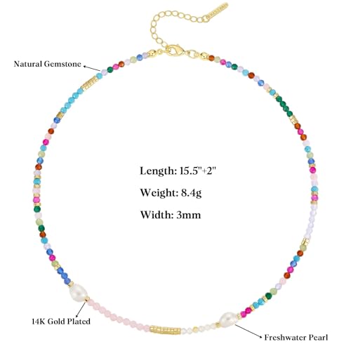 KissYan Beaded Choker Necklace for Women, Colorful Natural Gemstones Pearl Choker 14K Gold Plated Pendant Healing Crystal Necklace Handmade Stone Jewelry Gift - color: H-Colorful Pearl