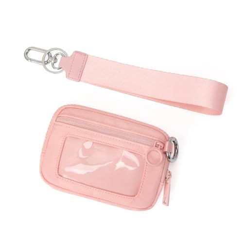 Nylon Wristlet Wallet for Women,Quilted RFID Blocking Small Zipper Coin Purse Keychain Wallet with ID Window Lightweight Travel Wristlet wallet - color: Pink