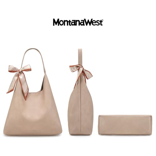 Montana West Slouchy Hobo Bag for Women Shoulder Purses and Handbags with Scarf - color: Mousse Tan