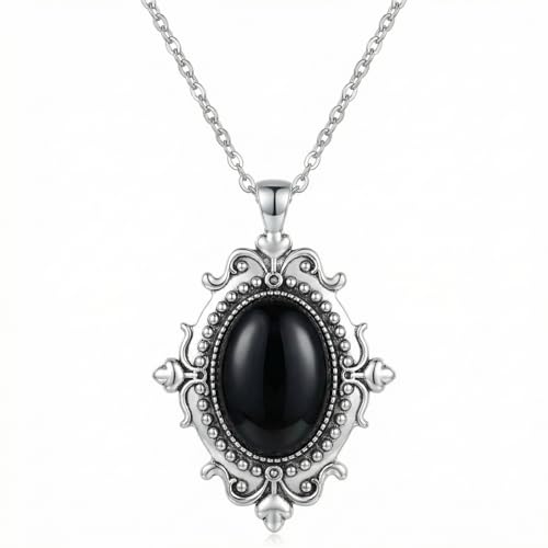 Gothic Vintage Gem Pendant Necklace | Victorian Style Filigree Silver-Tone Jewelry | Ideal Gift for Party Cosplay & Daily Wear - color: Black