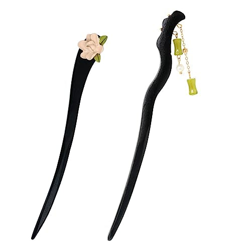 yueton 2PCS Vintage Wooden Hair Pin Antique Chinese Style hair Stick Wood Bamboo Chopsticks Chignon Hair Pin Retro Elegant Flower Hairpins Tassel Hair Stick Japanese Traditional Hair Sticks