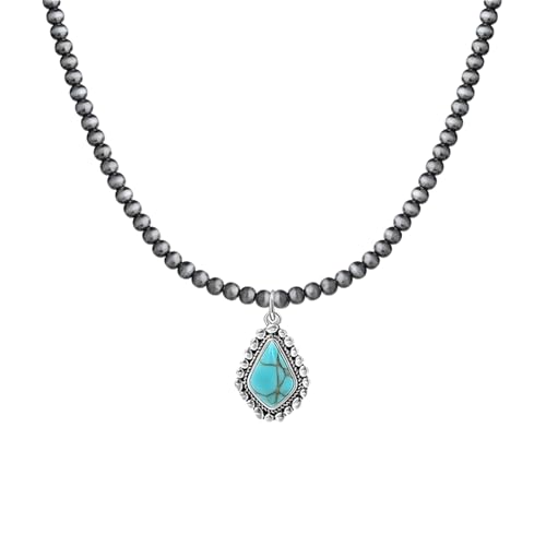 coadipress Navajo Pearl Necklace Western Jewelry for Women Boho Beaded Choker Necklaces Vintage Turquoise Pendant Cowgirl Necklace - style: Rhombus