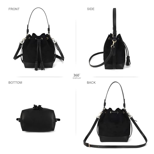 AFKOMST Faux Suede Bucket Bags and Drawstring Crossbody Purse for Women Medium Tote Handbags with 2 Shouder Straps | Fit Pad mini, Long Wallet, Removable Long Strap - color: Black
