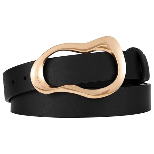 XZQTIVE Leather Belts for Women Casual Fashion Waist Belt for Jeans Pants Dresses with Unique Liquid Shapes Gold Buckle - color: Black, size: Fit Waist 32-39in