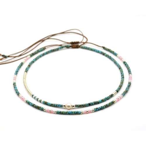 Beaded Choker Necklace for women and Teen Girls, Boho Bohemian Adjustable Colorful Seed Beads Necklace, Handmade Native American Style Jewelry by TRIBES - color: Turquoise & Pink, style: Set of 2 Necklaces