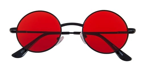 OWL Round Retro Small Circle Tint & Mirror Colored Lens 43-55 mm Sunglasses Metal - color: 43mm Black / Red