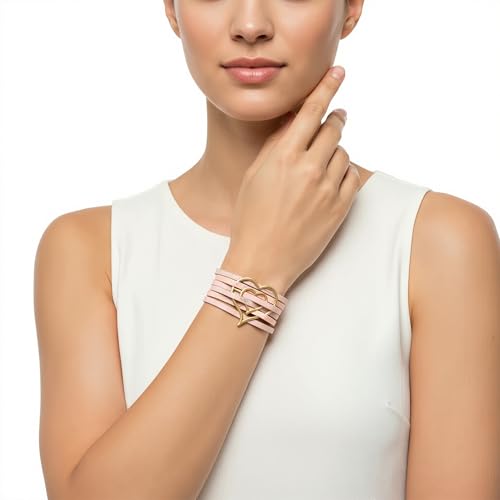 Edoneery Leather Wrap Bracelet for Women, Boho Handmade Multi-Layer Cuff with Crystal Beads Heart, Stackable Bangle Western Jewelry Gift - style: Heart(Pink)