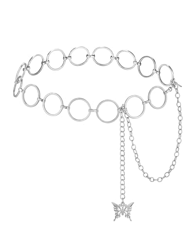 AWAYTR Cute Chain Belts for Women - Metal Waist Chain Belt for Dresses Jeans Country Concert Outfit - color: Silver-circle