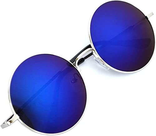 OWL Round Retro Small Circle Tint & Mirror Colored Lens 43-55 mm Sunglasses Metal - color: 56mm Silver / Blue Mirror