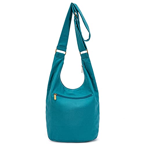 Coton Pose Women Hippie Crossbody Bag - Top Zip Large Capacity Canvas Sling Bag - Jacquard Cloth Handmade - color: Peacock Blue