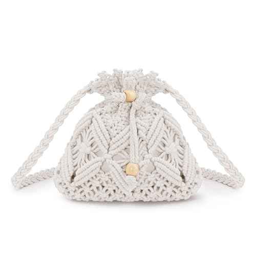 Peicees Drawstring Crochet Bag Purse- Woven Crossbody Purse For Women Summer Beach Vacation Travel Boho Shoulder Bag Small - color: White