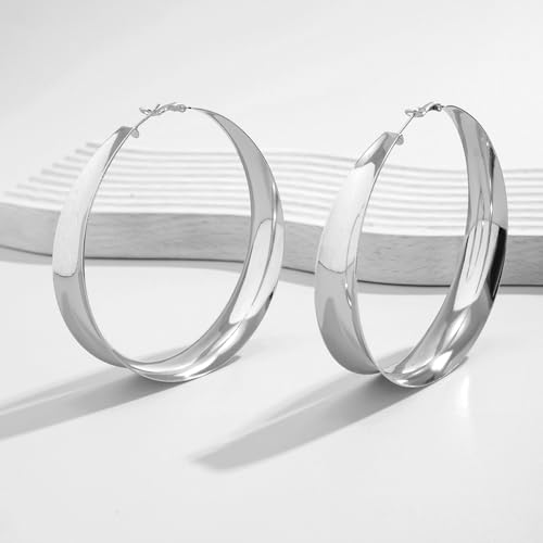 Chunky Gold Silver Hoop Earrings for Women Wide Flat Huggie Hoops Dangle Earrings Big Large Punk Smooth Surface Statement Earrings Fashion Jewelry - color: B Silver