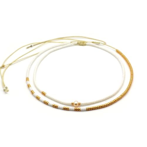 Beaded Choker Necklace for women and Teen Girls, Boho Bohemian Adjustable Colorful Seed Beads Necklace, Handmade Native American Style Jewelry by TRIBES - color: White & Gold, style: Set of 2 Necklaces