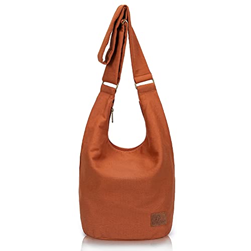 Coton Pose Women Hippie Crossbody Bag - Top Zip Large Capacity Canvas Sling Bag - Jacquard Cloth Handmade - color: Orange