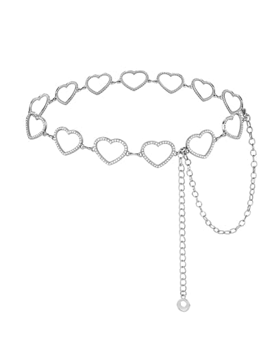 AWAYTR Cute Chain Belts for Women - Metal Waist Chain Belt for Dresses Jeans Country Concert Outfit - color: Silver-heart