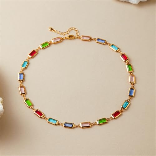 Dainty Colorful Glass Beaded Gold-Tone Choker Necklaces for Women Trendy Rectangular Clavicle Chain Adjustable Multicolor Handmade Gemstone Rainbow Bead Link Boho Y2k Statement Jewelry Party Prom - color: Colorful