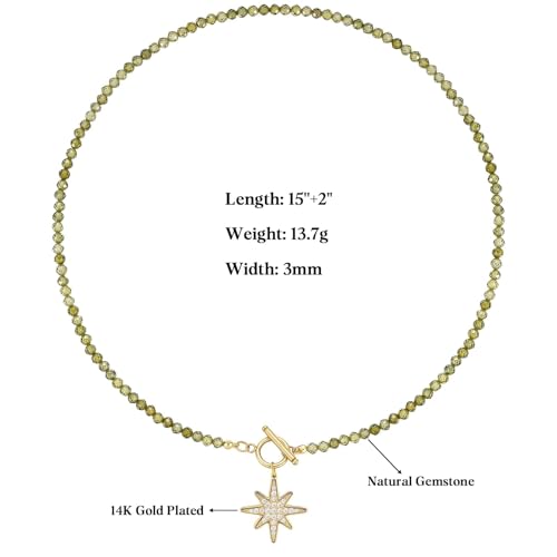 KissYan Beaded Choker Necklace for Women, Colorful Natural Gemstones Pearl Choker 14K Gold Plated Pendant Healing Crystal Necklace Handmade Stone Jewelry Gift - color: G-Olive Green