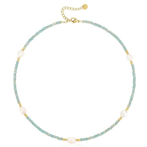 KissYan Beaded Choker Necklace for Women, Colorful Natural Gemstones Pearl Choker 14K Gold Plated Pendant Healing Crystal Necklace Handmade Stone Jewelry Gift - color: C-Pearl