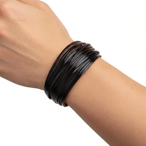 Edoneery Leather Wrap Bracelet for Women, Boho Handmade Multi-Layer Cuff with Crystal Beads Heart, Stackable Bangle Western Jewelry Gift - style: Leather(Black)