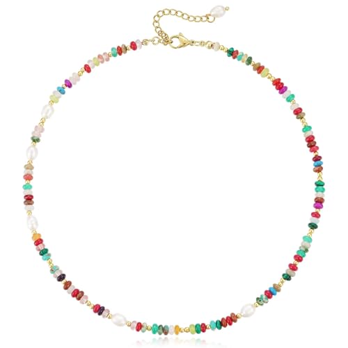 KissYan Beaded Choker Necklace for Women, Colorful Natural Gemstones Pearl Choker 14K Gold Plated Pendant Healing Crystal Necklace Handmade Stone Jewelry Gift - color: P-Rainbow