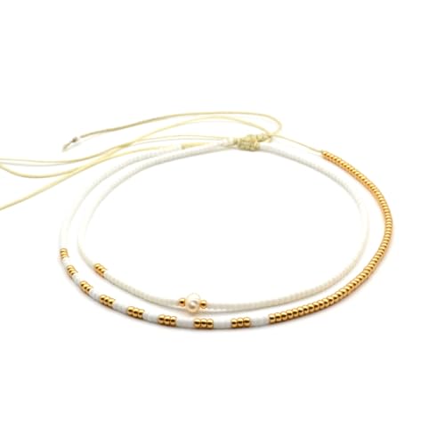 Beaded Choker Necklace for women and Teen Girls, Boho Bohemian Adjustable Colorful Seed Beads Necklace, Handmade Native American Style Jewelry by TRIBES - color: White & Gold, style: Set of 2 Necklaces