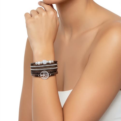 Edoneery Leather Wrap Bracelet for Women, Boho Handmade Multi-Layer Cuff with Crystal Beads Heart, Stackable Bangle Western Jewelry Gift - style: Tree of Life(Brown)