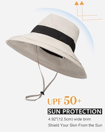 Senker Fashion Sun Hats for Women UV Protection, Waterproof Ponytail Wide Brim Bucket Hat for Summer Beach Gardening Travel - color: Beige
