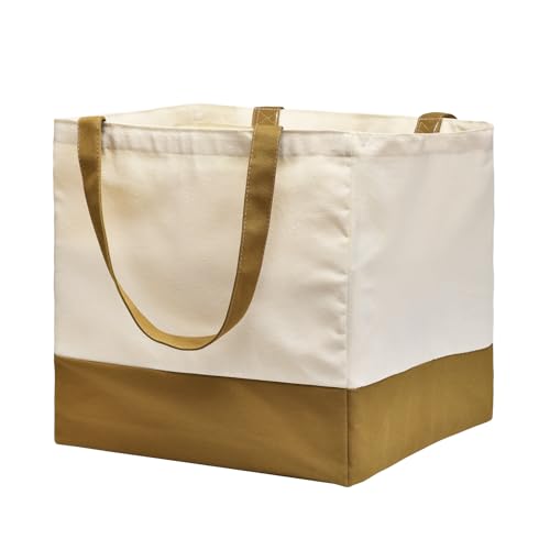 Canvas Reusable Grocery Bags Heavy Duty, 8.3 gal Foldable Large Tote Bag with Handles, Holds 60 lbs Canvas Shopping Bags, 1 Pack - color: [A1] Off White / Brown, size: 1 Pack