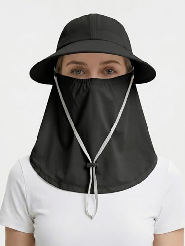 Outdoor Wide Brim Sun Hat Visor for Women, Detachable Face & Neck Cover, Hiking Gardening UPF 50+, Ponytail Friendly - color: Black