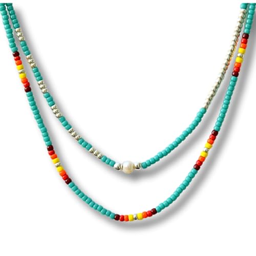 Beaded Choker Necklace for women and Teen Girls, Boho Bohemian Adjustable Colorful Seed Beads Necklace, Handmade Native American Style Jewelry by TRIBES - color: Turquoise Multicolor, style: Set of 2 Necklaces