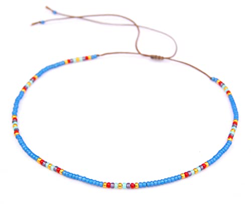 Beaded Choker Necklace for women and Teen Girls, Boho Bohemian Adjustable Colorful Seed Beads Necklace, Handmade Native American Style Jewelry by TRIBES - color: Blue Multicolor, style: Single Necklace