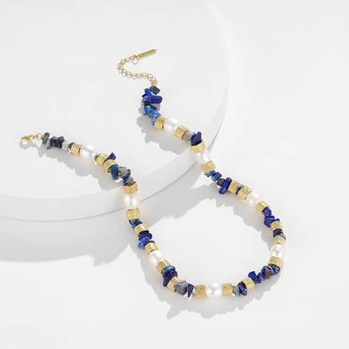 KissYan Beaded Choker Necklace for Women, Colorful Natural Gemstones Pearl Choker 14K Gold Plated Pendant Healing Crystal Necklace Handmade Stone Jewelry Gift - color: S-Lazurite