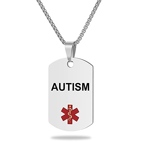 Medical Alert ID Necklace, Laser Engraved Autism, Stainless Steel Tag Pendant with 23.6 inch Chain for Men Women - color: Silver, size: AUTISM
