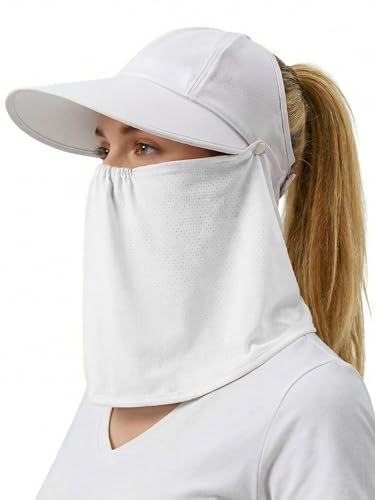 Outdoor Wide Brim Sun Hat Visor for Women, Detachable Face & Neck Cover, Hiking Gardening UPF 50+, Ponytail Friendly - color: White