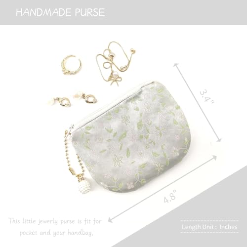 Handmade Women Coin Purse Rosary Pouch Silk Jewelry Bag Brocade Zipper Wallet - Silver - color: Silver