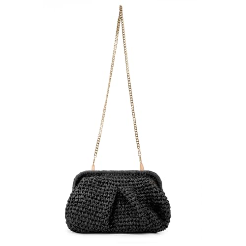 Emprier Straw Clutch Purses for Women Cloud Dumpling Pouch Straw Crossbody Shoulder Handbag Summer Beach Woven Bag - color: Black