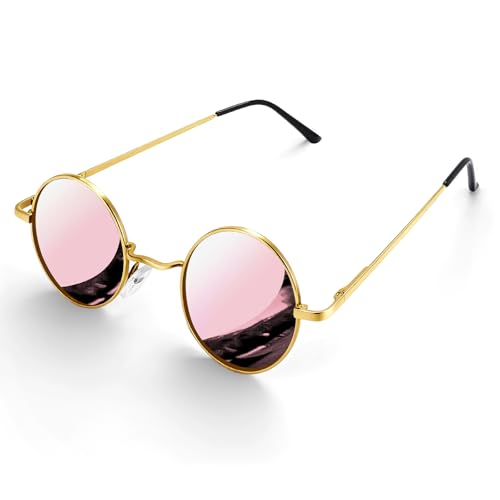 Morcheiong Polarized Hippie Sunglasses Retro Round Glasses for Women Men Vintage Circle Sunglasses UV400 - color: Gold Frame Pink Film
