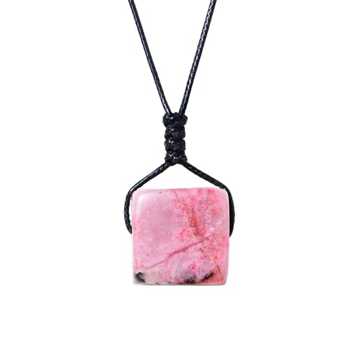 Runyangshi Rhodonite Natural Healing Crystal Square Pendant Tumbled Polished Stones Necklace Meditation Reiki Energy Amulet Bohemia for Men Women Hand-Woven Rope Gift - color: Rhodonite