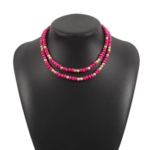 COLORFUL BLING Layered Boho Wood Beaded Choker Necklace Vintage Natural Wooden Bead Collar Necklace for Women Handmade Tribal Bohemian Jewelry - color: Rose