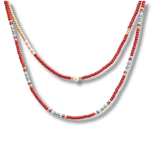 Beaded Choker Necklace for women and Teen Girls, Boho Bohemian Adjustable Colorful Seed Beads Necklace, Handmade Native American Style Jewelry by TRIBES - color: Burgundy Multicolor, style: Set of 2 Necklaces
