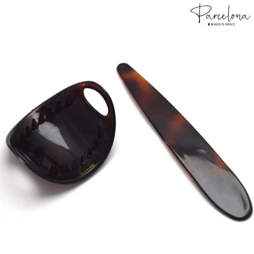 Parcelona French Classic Brown Shell Bun Holder Cover Hair Slider Pin Thru Hair Barrette Clip with Stick