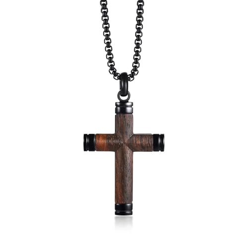 Cross Necklace for Men Vintage Wooden Cross Necklaces Wood Crucifix Pendant Christian Jewelry Gift for Men - color: Black Surround