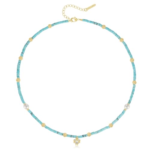 KissYan Beaded Choker Necklace for Women, Colorful Natural Gemstones Pearl Choker 14K Gold Plated Pendant Healing Crystal Necklace Handmade Stone Jewelry Gift - color: J-Turquoise