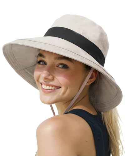 Senker Fashion Sun Hats for Women UV Protection, Waterproof Ponytail Wide Brim Bucket Hat for Summer Beach Gardening Travel - color: Beige