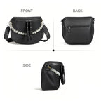 Crossbody Bags for Women, Large Vegan Leather Trendy Bum Bag - color: Black + Pearl Chain