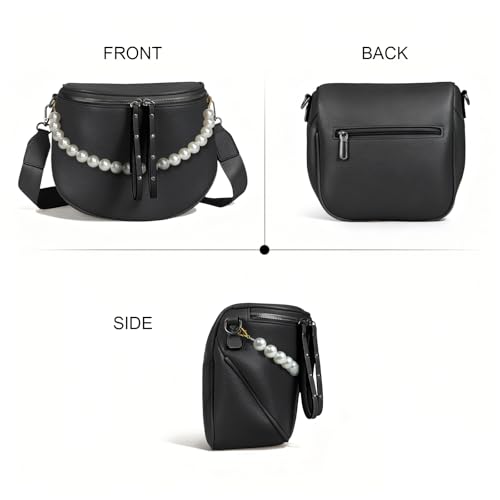 Crossbody Bags for Women, Large Vegan Leather Trendy Bum Bag - color: Black + Pearl Chain
