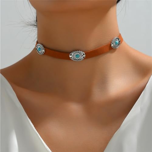 Western Turquoise Choker Necklace for Women Gothic Black Choker Necklaces Boho Summer Cowgirl Rodeo Country Concert Outfits Jewelry Accessories - color: Brown Turquoise